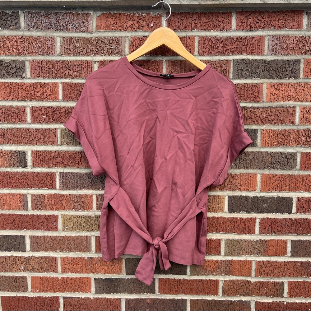 Express Dusty Mauve Pink Belted Front Tie Short Sleeve Crewneck Top